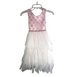 Pink & White Tulle Girls Dress Sz 8 Pearl Gold Embellished Flower Girl EUC
